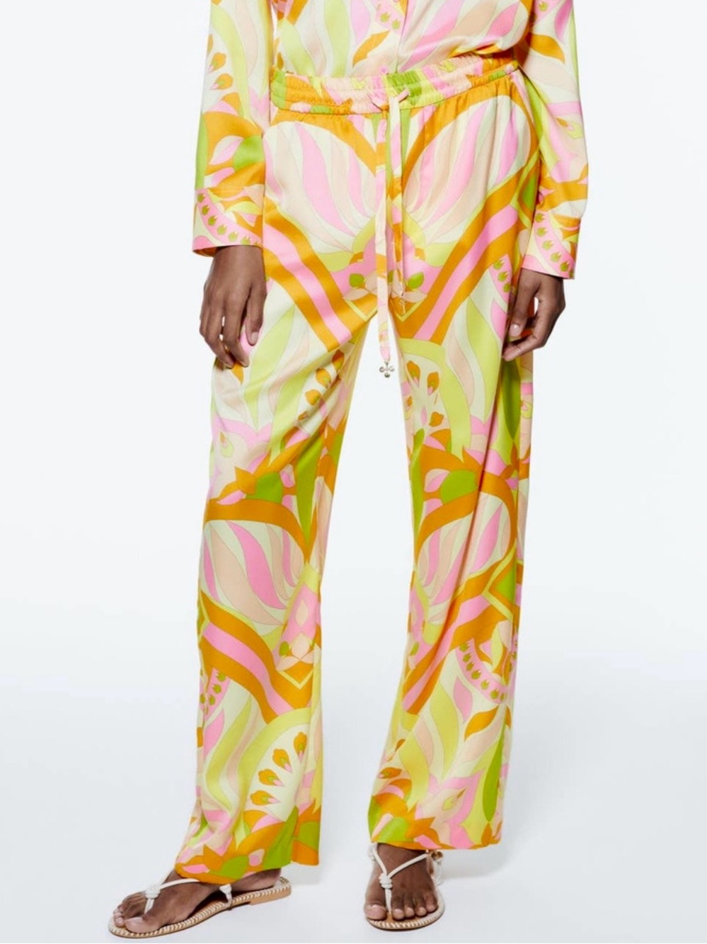 Zara Multicolor Swirl Wide-Leg Pants (Pink, Yellow, Green)